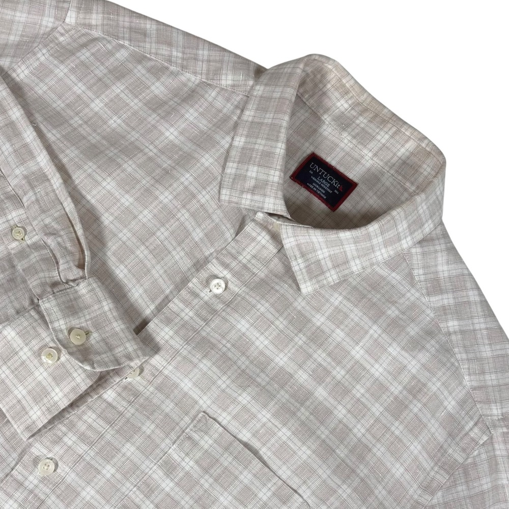 UNTUCKit Noval WR Men's Large Tan White Plaid 100% Linen Button Down Shirt
